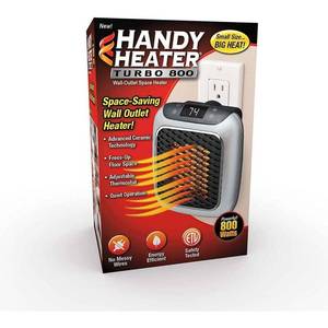 lot 21944 image: Ontel Handy Heater Turbo 800 Wall Outlet Small Space Heater with Adjustable Thermostat, Programmable 12-Hour Timer, Auto Shut Off - Quiet & Space-Saving Ceramic Mini Heater