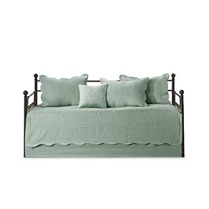 lot 22595 image: Madison Park Tuscany Daybed Cover Set-Trendy Damask Quilting with Scalloped Edges All Season Luxury Bedding with Bedskirt, Matching Shams, Decorative Pillow, Seafoam, 39x75, 6 Piece