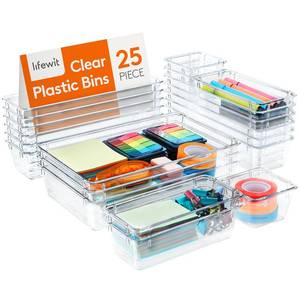 lot 22598 image: Lifewit Drawer Organizer 25PCS, 4 Sizes Clear Plastic Desk Drawer Dividers, Storage Separation Bins for Make Up, Kitchen Utensils, Vanity Accessories in OfficeBathroomBedroom Organization