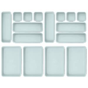 lot 22605 image: Famhap 16 PCS Plastic Drawer Organizer Set, Desk Drawer Divider Organizer Trays, Vanity Storage Bins for Makeup, Jewelry, Utensils, Gadgets for Kitchen, Bedroom, Bathroom and Office (Green)