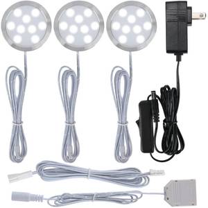lot 22619 image: Meigour Plug-in Under Cabinet Round Puck Light Kit, 120V Electric Wired LED Closet Showcase Lighting, 3-Way Octopus Junction Box Wiring, On n Off Switch, Cool White 6000K, 3 Lights