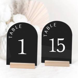 lot 22639 image: KOSKIMER Acrylic Table Numbers for Wedding Reception 1-15, Modern Arch Wedding Table Numbers with Wood Stands, 5x7 Inch Table Number Signs and Holders for Wedding, Anniversary, Party, Event