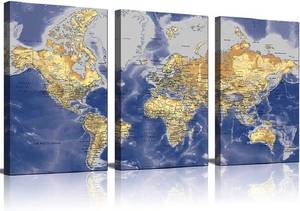 lot 22654 image: World Map Wall Art Of The World Canvas Wall Decor Poster Framed Stretched Wall Art For Living Room Large Size Ready To Hang