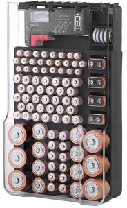 lot 22659 image: The Battery Organizer and Tester with Cover, Storage Organizer and Case, Holds 93 Batteries of Various Sizes, Includes a Removable Battery Tester, Battery Holder for Garage Organization, Black