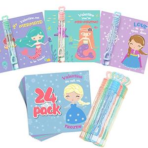 lot 22689 image: Valentines Day Gifts for Kids - Valentines Day Cards for Kids - Mermaid Princess Valentine Card Bubble Wands 24 Pack - Valentines Day Bubbles Party Favors Toys for Girls School Classroom Exchange