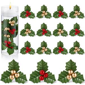 lot 22697 image: Canlierr 50 Pieces Christmas Holly Berries for Crafts Faux Berry Flowers Holly Leaves and Berries Christmas Wreath Fillers for Christmas Vase Fillers Floating Candle Table Centerpiece (Red, Gold)