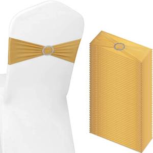 lot 22708 image: Tegeme 80 Pieces Chair Sashes Chair Bows Stretch Chair Sashes Spandex Chair Cover Band with Buckle for Wedding Hotel Banquet Birthday Party Home Decorations (Gold)