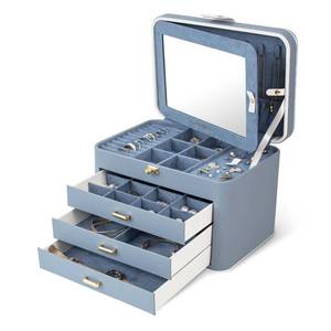 lot 22716 image: KAMIER Large Jewelry Box Organizers - 4 Tier Leather Jewelry Storage Case with Lock and Mirror - Jewelry Organizers for Women Girls Ring Necklace Earring Bracelet Holder, Bluish Grey
