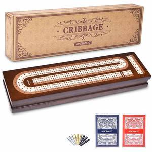 lot 22720 image: AMEROUS Wooden Cribbage Board Game Set with Magnetic Lock - Metal Pegs - 2 Playing Cards - Continuous 3 Track Board - Larger Storage Area, Travel Portable Cribbage Game Sets for Family