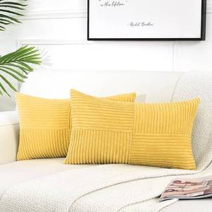 lot 22737 image: Fancy Homi 2 Packs Yellow Lumbar Decorative Throw Pillow Covers 12x20 Inch for Living Room Couch Bed Sofa, Farmhouse Boho Home Decor, Soft Striped Corduroy Rectangle Accent Cushion Case 30x50 cm