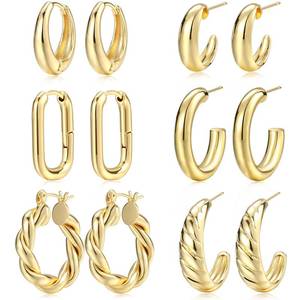 lot 22741 image: Gold Hoop Earrings Set for Women, 6 Pairs 14K Gold Plated Lightweight Hypoallergenic Chunky Open Hoops Earrings Pack