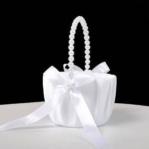 lot 22760 image: ATAILOVE Wedding Flower Girl Baskets with Pearl Handle, Satin Bowknot Flower Baskets for Flower Girl Pearl Collection, White