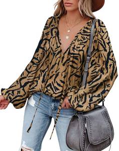 lot 22804 image: LAMISSCHE Womens Sexy Deep V Neck Blouse Flowy Leopard Puff Sleeve Shirt Oversized Drawstring Chiffon Tunic(002-Khaki Zebra,L)