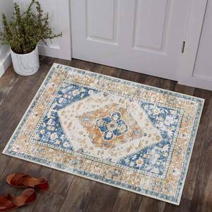 lot 22853 image: Lahome Boho Small Entryway Rug - 2x3 Non-Slip Washable Rugs for Kitchen Oriental Throw Ultra-Thin Area Rugs for Bedroom Accent Distressed Blue Floor Doormat Carpet for Bathroom Laundry Living Room