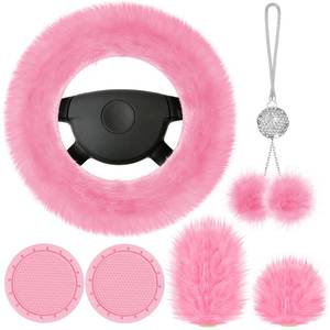 lot 22875 image: 6 Pieces Fluffy Car Accessories Set Fluffy Steering Wheel Cover Soft Fuzz Handbrake Cover Gear Shift Cover Bling Car Mirror Fuzz Car Decoration 2 Pieces Bling Car Pad (Pink, Long Hair)