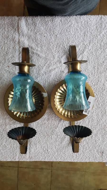 lot 2325 image: Wall Mounted Candle Holders- Brass and Glass