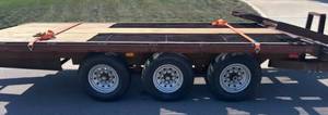 lot 26 image: Heavy Equipment Trailer - 28ft x 7ft Heavy Duty 3-7500lb Axle Trailer - 6 New Tires - New Heavy Duty Wood Deck - 6ft Fold Down Ramps