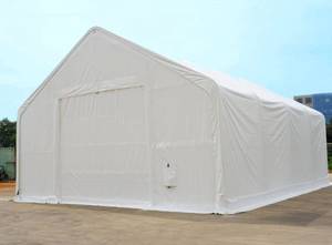 lot 22 image: Unused 2024 Double Truss Peak Storage Shelter W20xL40xH16 w Mechanical Door W3.66xH3m - Double Truss Steel Tube, Hot Dip Galvanized - Durable 300 GSM PE Waterproof UV Resistant Fabric Cover