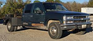 lot 17A image: 1997 Chevy 3500 Crew Cab Dually w a CM Truckbeds Welding Craftsman Heavy Duty Bed, Gooseneck Hideaway, Bumper Tow Pkg, DynoMax Performance Exhaust, Curt Venturer Electric Brake, Detachable Face Pioneer Radio, Keyless Entry w Alarm