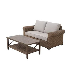 lot 2900 image: allen  roth Emerald Cove 2-Piece Wicker Patio Conversation Set with Cream Cushions (RETAIL $682)