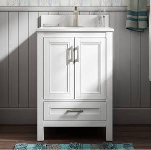 lot 2907 image: allen  roth Crest Hill 24-in White Undermount Single Sink Bathroom Vanity with Engineered Carrara Marble Top (RETAIL $400)