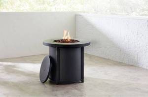 lot 2908 image: Style Selections 30in Black Steel Round Propane Gas Fire Pit Table