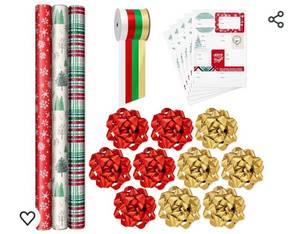 lot 27542 image: Hallmark Rustic Red and Green Christmas Wrapping Paper Set (90 sq. ft. ttl, 10 Bows, 4 Ribbon Colors,Gift Tag Stickers) Snowflakes, Trees, Plaid