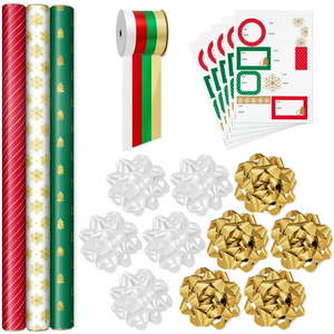 lot 27599 image: Hallmark Red Green Gold Christmas Wrapping Paper Set (90 sq. ft. ttl 10 Bows 4 Ribbon Colors 40 Gift Tag Stickers) Stripes Snowflakes Trees