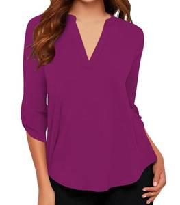 lot 30277 image: roswear Womens Chiffon V-Neck Business Casual Blouse Work Tops with Cuffed Sleeves Fuchsia Medium