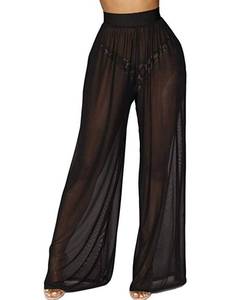 lot 30331 image: Springcmy Women See Throug Mesh Cover up Pants Swimsuit Bikini Bottom Cover up Elastic Waist Wide Leg Sexy Beach Swimwear