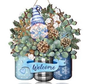 lot 30332 image: BBTO Winter Welcome Front Door Sign Winter Wood Snowflake Gnome Sign Decor Farmhouse Hanging Plaque with Dwarf and Leaves for Porch Farmhouse Xmas Front Door Outdoor Home Decor