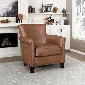 lot 29458 image: Lexicon Top Grain Genuine Leather Chair Accent Chairs for Living Room with Solid Wood Frame, Rolled Armrest &amp Nailhead Trim, Comfy Reading Chair for Bedroom, Office, Waiting Room, Cognac - Retail $599