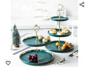 lot 30115 image: Set of Round Porcelain Tiered Cupcake Stand, Dessert Plates Stand, Mini Cakes Fruit Candy Display Tower, Luxury Emerald Serving Tray for WeddingKids BirthdayTea PartyBaby Shower