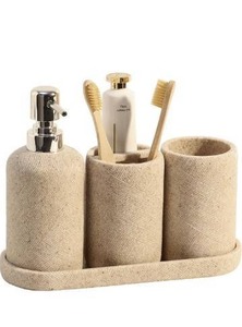 lot 29425 image: Bathroom Accessories Set, Bathroom Organizer Countertop, Soap Dispenser and Toothbrush Holder, Mouthwash Cup, Tray Set, Vanity Tray for Bathroom, 4 Pieces Modern Decor (Beige)
