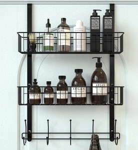 lot 29413 image: Over The Door Hooks, Door Hanger Towel Rack with 5 Coat Hooks & 2 Mesh Basket, Over Door Organizer for Bathroom, Bedroom, Kitchen, Office, Easy Installation, Black