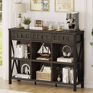 lot 29446 image: FATORRI Rustic 6 Cube Storage Organizer Shelf with 3 Drawers, Long Horizontal Bookshelf, Industrial Wood and Metal Cubby Bookcase (Walnut Brown, 47 Inch)&nbsp