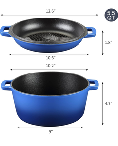 lot 30179 image: 5.5 Quart Enameled Cast Iron Dutch Oven, 2-In-1 Enamel Dutch Oven Pot with Skillet Lid for Grill, Stovetop, Induction (Gradient Blue)