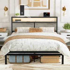 lot 840 image: King Bed Frame with Storage Headboard LED Lights Metal Platform Non-Slip Without Noise Mattress Foundation Strong Metal Slats Support No Box Spring Needed