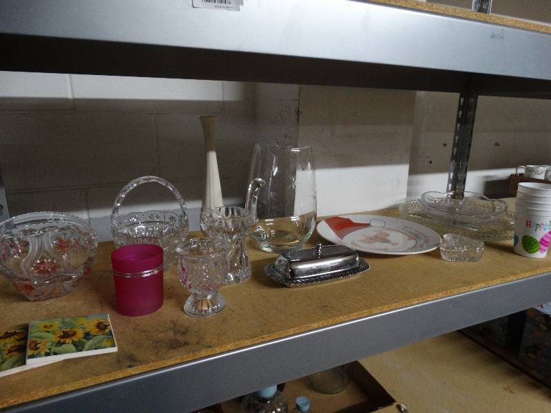 lot 762 image: Lot of assorted glassware plate, cups & butter tray.