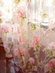 lot 60890 image: Rod Pocket Sheer Curtain, Elegant 2 Pieces - Total Size 120 Inch Wide (60 Inch Each Panel)- 63 Inch Long, Natural Light Flow, Pink Flower (63-in L)