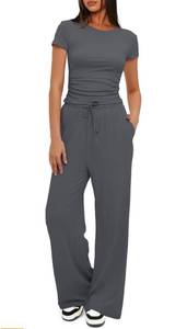 lot 60898 image: Darong Womens 2 Piece Outfits Lounge Sets Ruched Short Sleeve Tops and High Waisted Wide Leg Pants Tracksuit Sets Medium