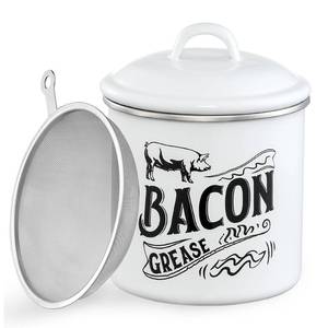 lot 60902 image: 1.3L Bacon Grease Saver Container with Fine Mesh Strainer - Enamel & Stainless Steel Oil Keeper Can for Bacon Fat Dripping - Farmhouse Kitchen Gift & Decor Cooking Accessories - Dishwasher Safe, White