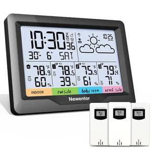 lot 60913 image: Newentor Weather Station Wireless Indoor Outdoor Multiple Sensors, Digital Atomic Clock Weather Thermometer, Temperature and Humidity Monitor, Forecast Weather Station with Backlight, Black