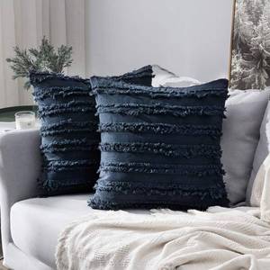 lot 60936 image: MIULEE Set of 2 Decorative Boho Throw Pillow Covers Linen Striped Jacquard Pattern Cushion Covers for Sofa Couch Living Room Bedroom 18x18 Inch Navy Blue