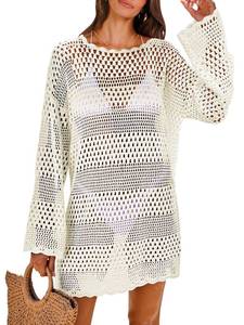 lot 60939 image: ANRABESS Women Swimsuit Crochet Swim Cover Up 2024 Summer Bathing Suit Swimwear Mesh Knit Beach Dress Vacation Outfits Cream White XX-Large
