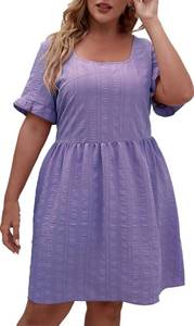 lot 60945 image: Square Neck Plus Size Dress for Women Short Sleeves Solid Color Mini Dress Casual Blouson Pleated Short Dresses 2XL