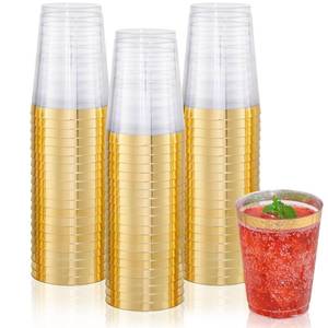 lot 60955 image: DaYammi 200 Pack Gold Plastic Cups 10 Oz Clear Plastic Cups Gold Rimmed Disposable Wine Glasses Fancy Disposable Party Cups Wedding Tumblers Drinking Cups Plastic Cocktail Glasses Gold Cups