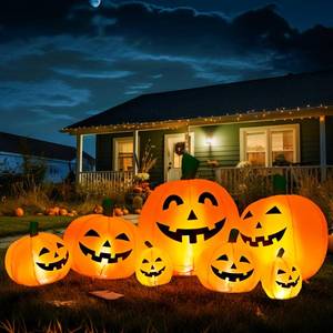 lot 60964 image: 7.5FT Halloween Inflatables Decorations Pumpkin, Inflatables Outdoor Decorations Inflatable Pumpkin, Halloween Decorations Blow Ups Pumpkin for Yard,Party,Garden(Cold White,7 Built-in LED Lights Set)
