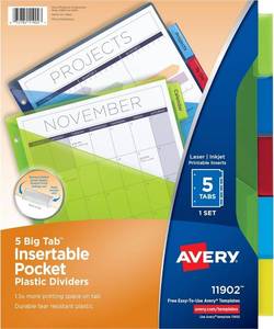 lot 60966 image: Avery Dividers for 3 Ring Binders, 5 Tab Binder Dividers, Plastic Binder Dividers with Pockets, Insertable Big Tabs, Multicolor, Works with Sheet Protectors, 1 Set (11902)