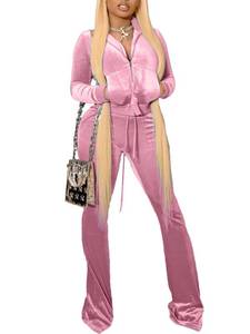 lot 60984 image: Chatinction Womens Long Sleeve Velour Tracksuits Set Zipper Sweatshirt and Flared Trousers with Pockets Sportswear Pink M